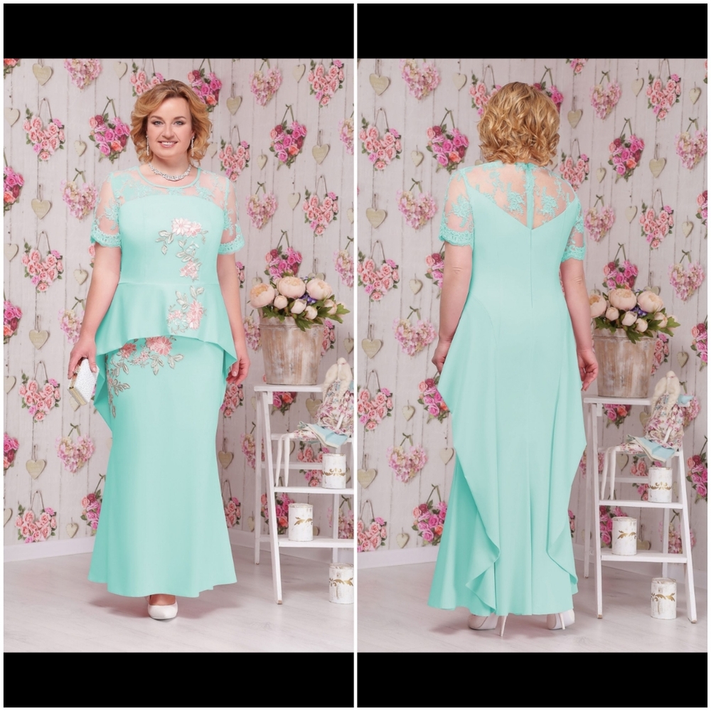 EVENING FASHION LONG BLUE WOMEN DRESS PLUS SIZE WITH FLOWERS